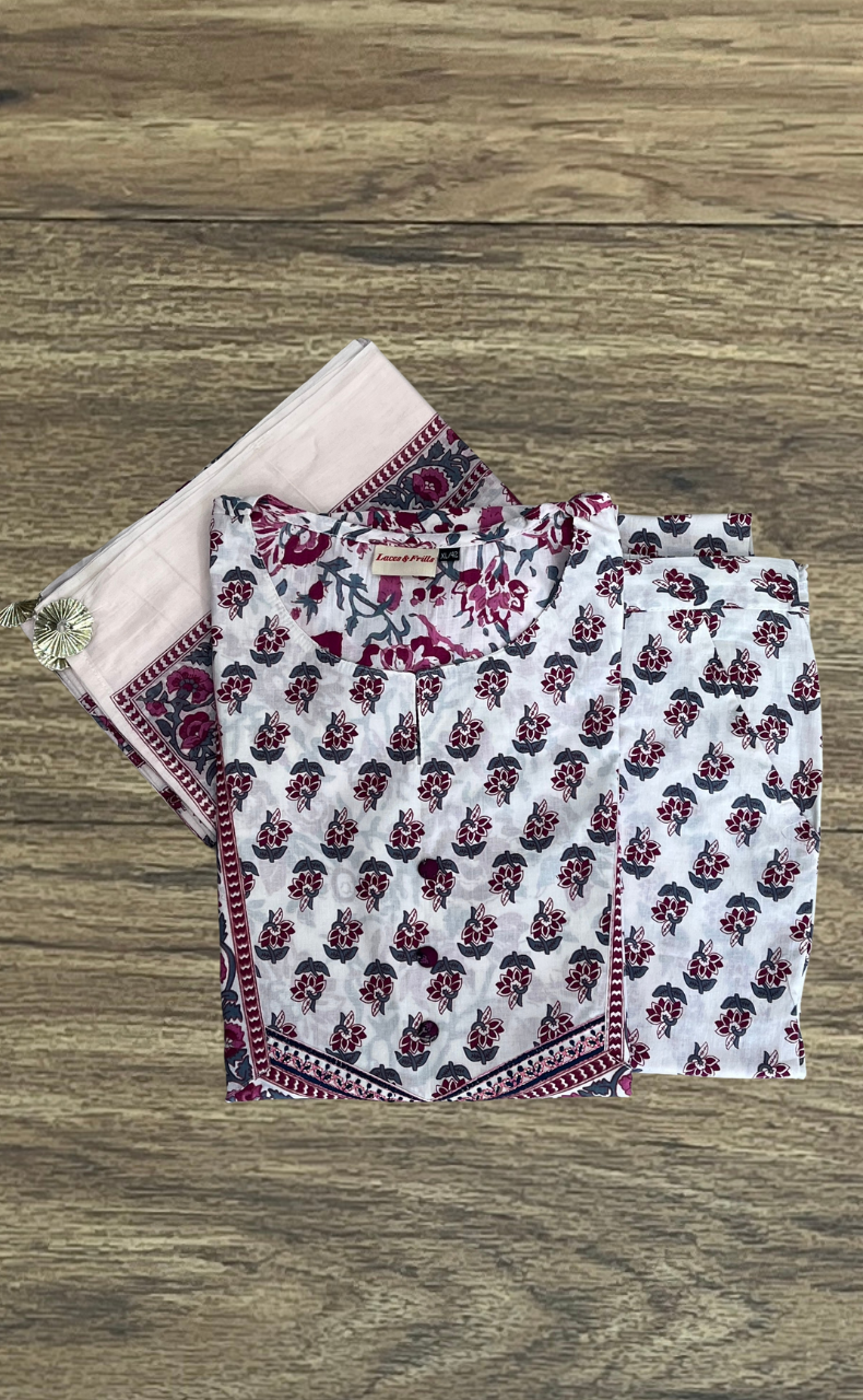 White/Wine Colour Floral Jaipur Cotton Kurti With Pant And Dupatta Set. Pure Versatile Cotton. | Laces and Frills