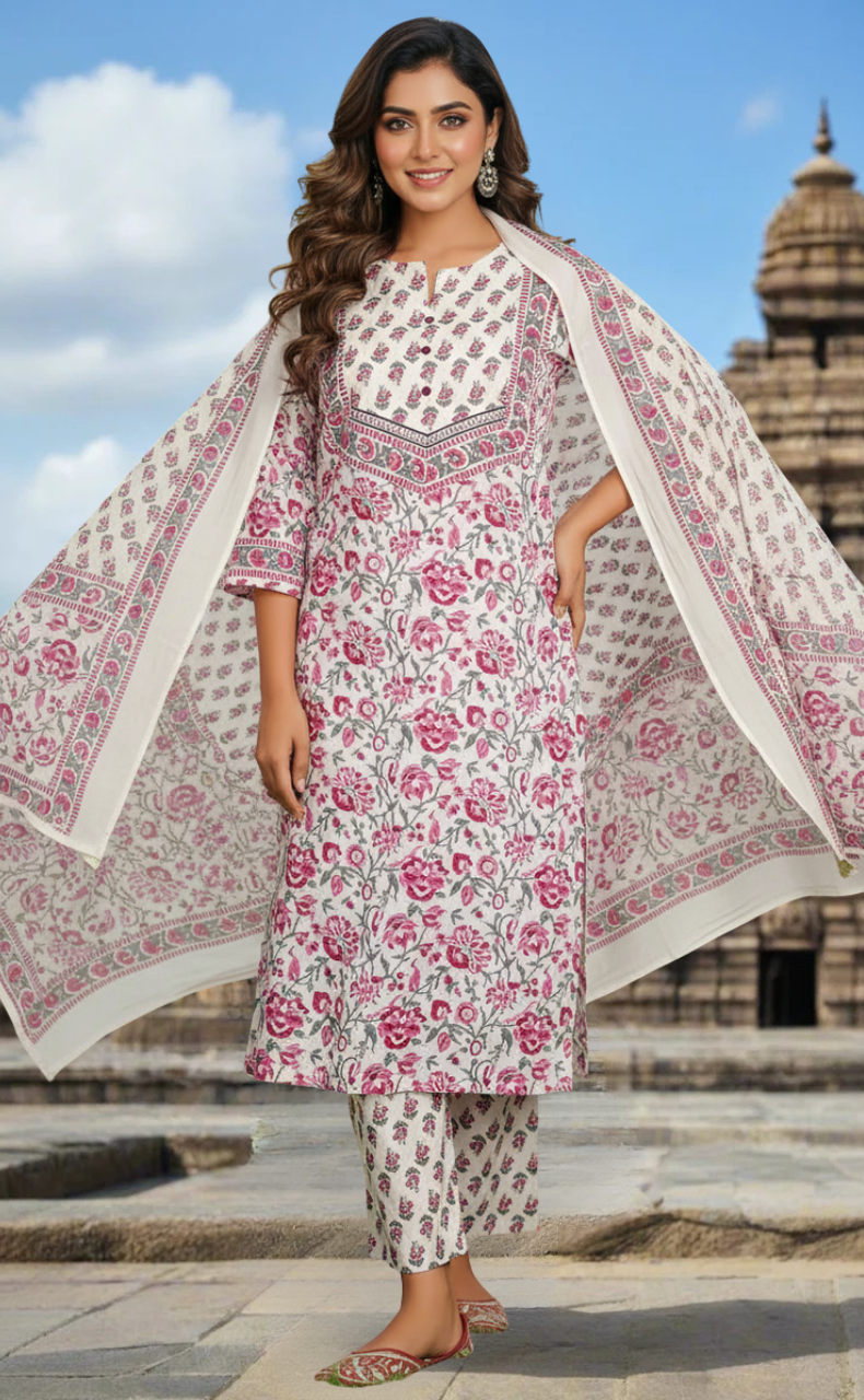 White/Wine Colour Floral Jaipur Cotton Kurti With Pant And Dupatta Set. Pure Versatile Cotton. | Laces and Frills