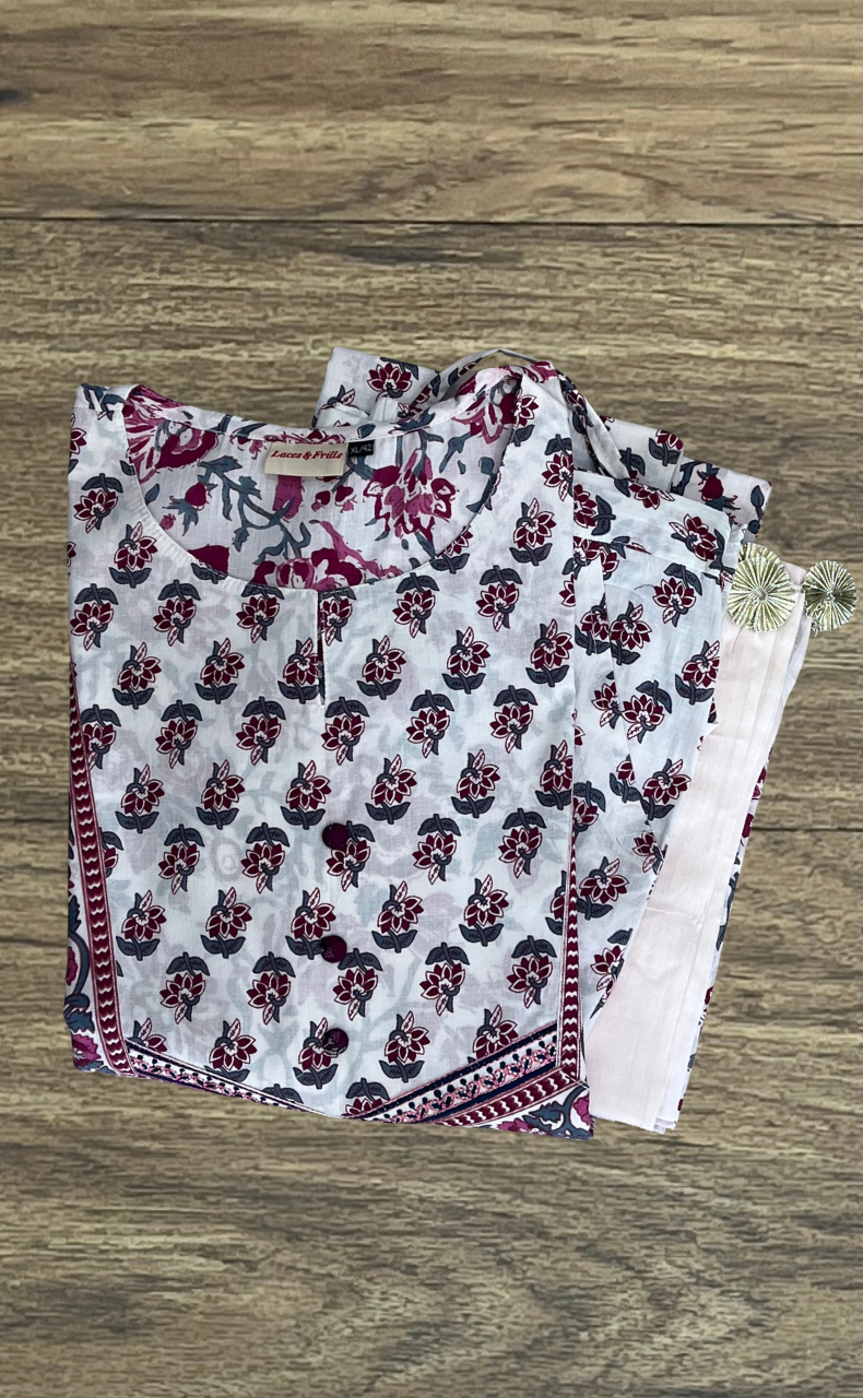 White/Wine Colour Floral Jaipur Cotton Kurti With Pant And Dupatta Set. Pure Versatile Cotton. | Laces and Frills