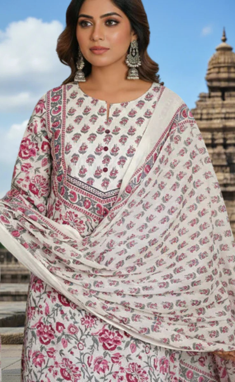 White/Wine Colour Floral Jaipur Cotton Kurti With Pant And Dupatta Set. Pure Versatile Cotton. | Laces and Frills