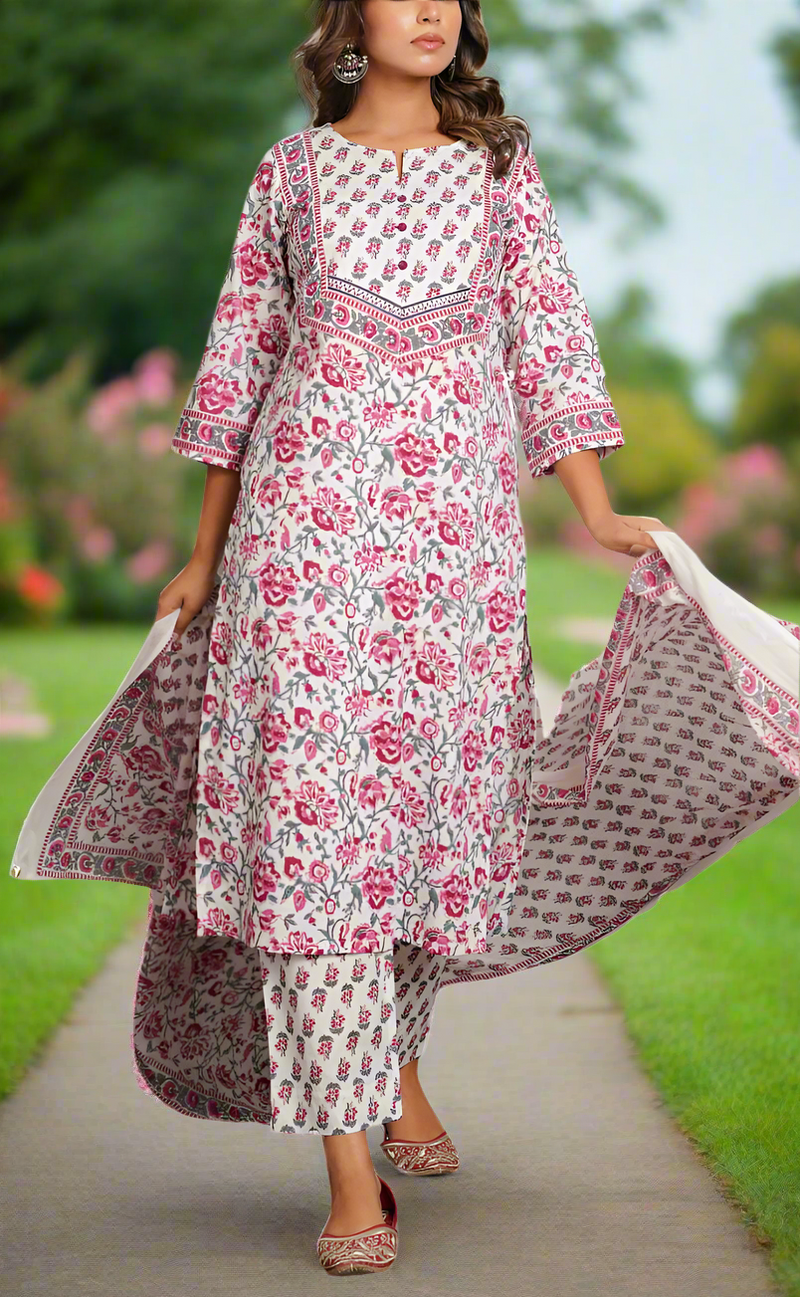 White/Wine Colour Floral Jaipur Cotton Kurti With Pant And Dupatta Set. Pure Versatile Cotton. | Laces and Frills