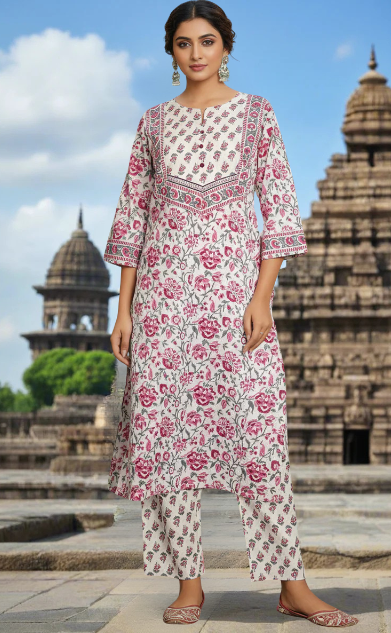 White/Wine Colour Floral Jaipur Cotton Kurti With Pant And Dupatta Set. Pure Versatile Cotton. | Laces and Frills