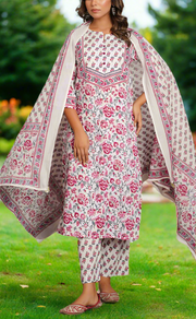 White/Wine Colour Floral Jaipur Cotton Kurti With Pant And Dupatta Set. Pure Versatile Cotton. | Laces and Frills