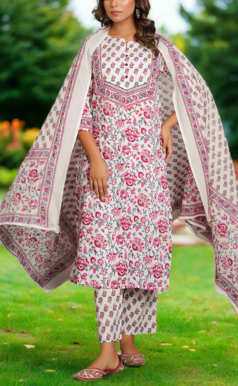 White/Wine Colour Floral Jaipur Cotton Kurti With Pant And Dupatta Set. Pure Versatile Cotton. | Laces and Frills