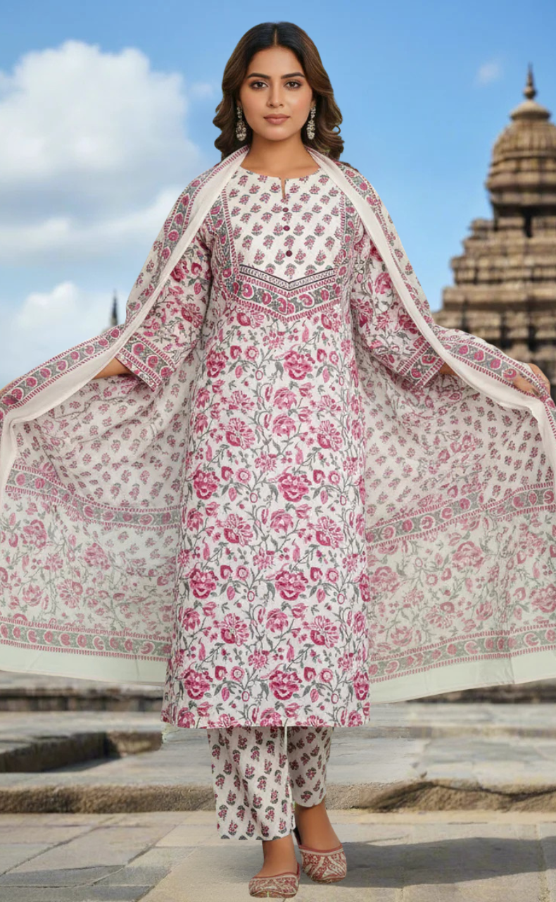 White/Wine Colour Floral Jaipur Cotton Kurti With Pant And Dupatta Set. Pure Versatile Cotton. | Laces and Frills