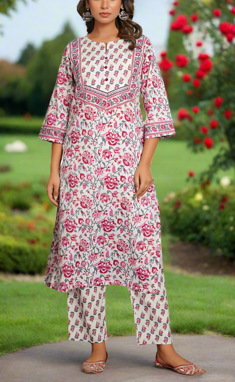 White/Wine Colour Floral Jaipur Cotton Kurti With Pant And Dupatta Set. Pure Versatile Cotton. | Laces and Frills