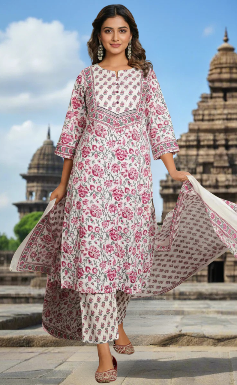 White/Wine Colour Floral Jaipur Cotton Kurti With Pant And Dupatta Set. Pure Versatile Cotton. | Laces and Frills