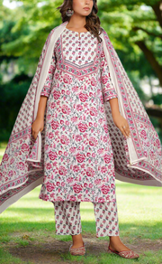 White/Wine Colour Floral Jaipur Cotton Kurti With Pant And Dupatta Set. Pure Versatile Cotton. | Laces and Frills