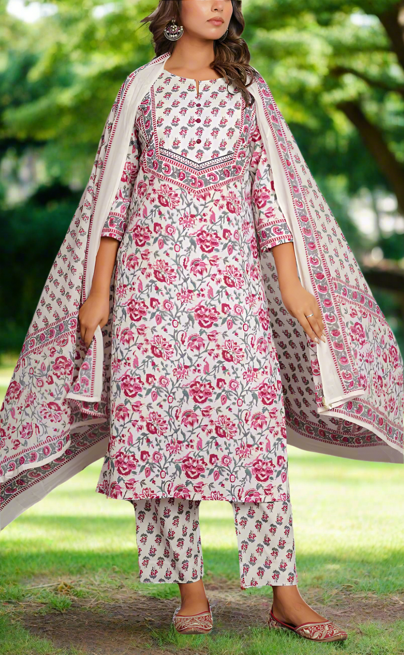 White/Wine Colour Floral Jaipur Cotton Kurti With Pant And Dupatta Set. Pure Versatile Cotton. | Laces and Frills
