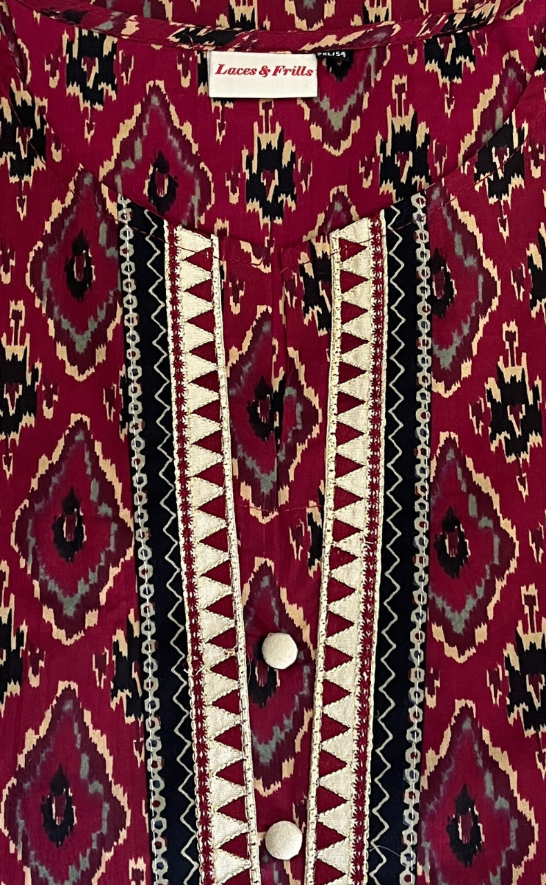 Maroon Ikkat Jaipur Cotton Kurti With Pant And Dupatta Set. Pure Versatile Cotton. | Laces and Frills