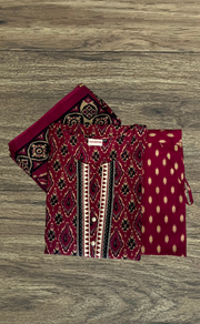 Maroon Ikkat Jaipur Cotton Kurti With Pant And Dupatta Set. Pure Versatile Cotton. | Laces and Frills