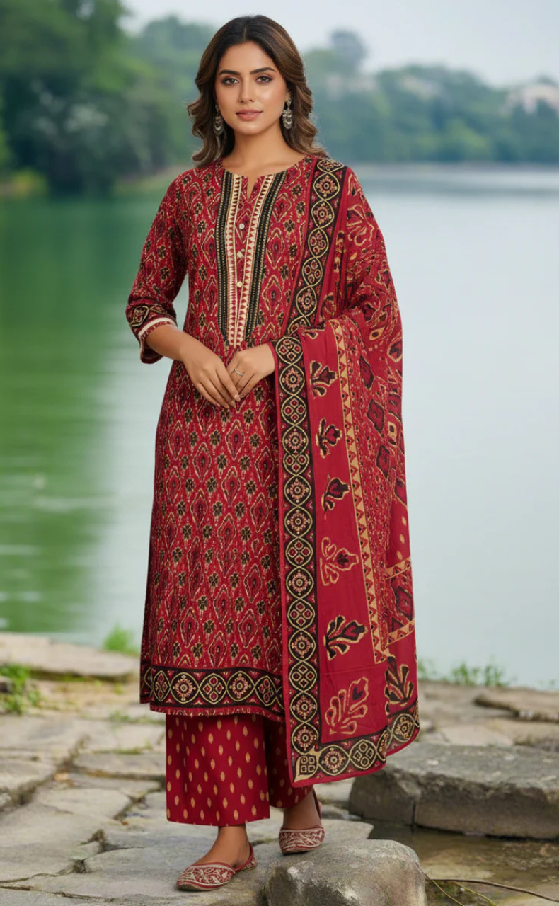 Maroon Ikkat Jaipur Cotton Kurti With Pant And Dupatta Set. Pure Versatile Cotton. | Laces and Frills