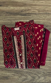 Maroon Ikkat Jaipur Cotton Kurti With Pant And Dupatta Set. Pure Versatile Cotton. | Laces and Frills