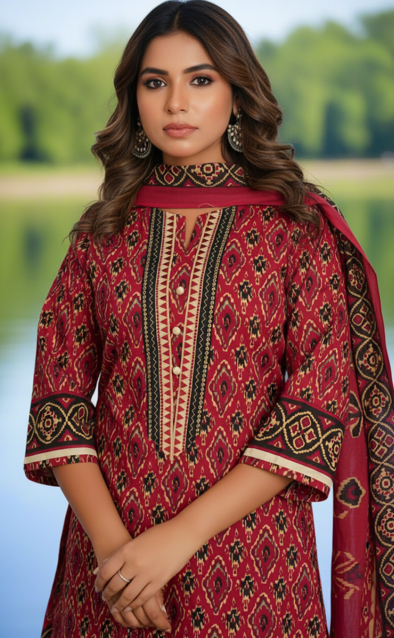 Maroon Ikkat Jaipur Cotton Kurti With Pant And Dupatta Set. Pure Versatile Cotton. | Laces and Frills