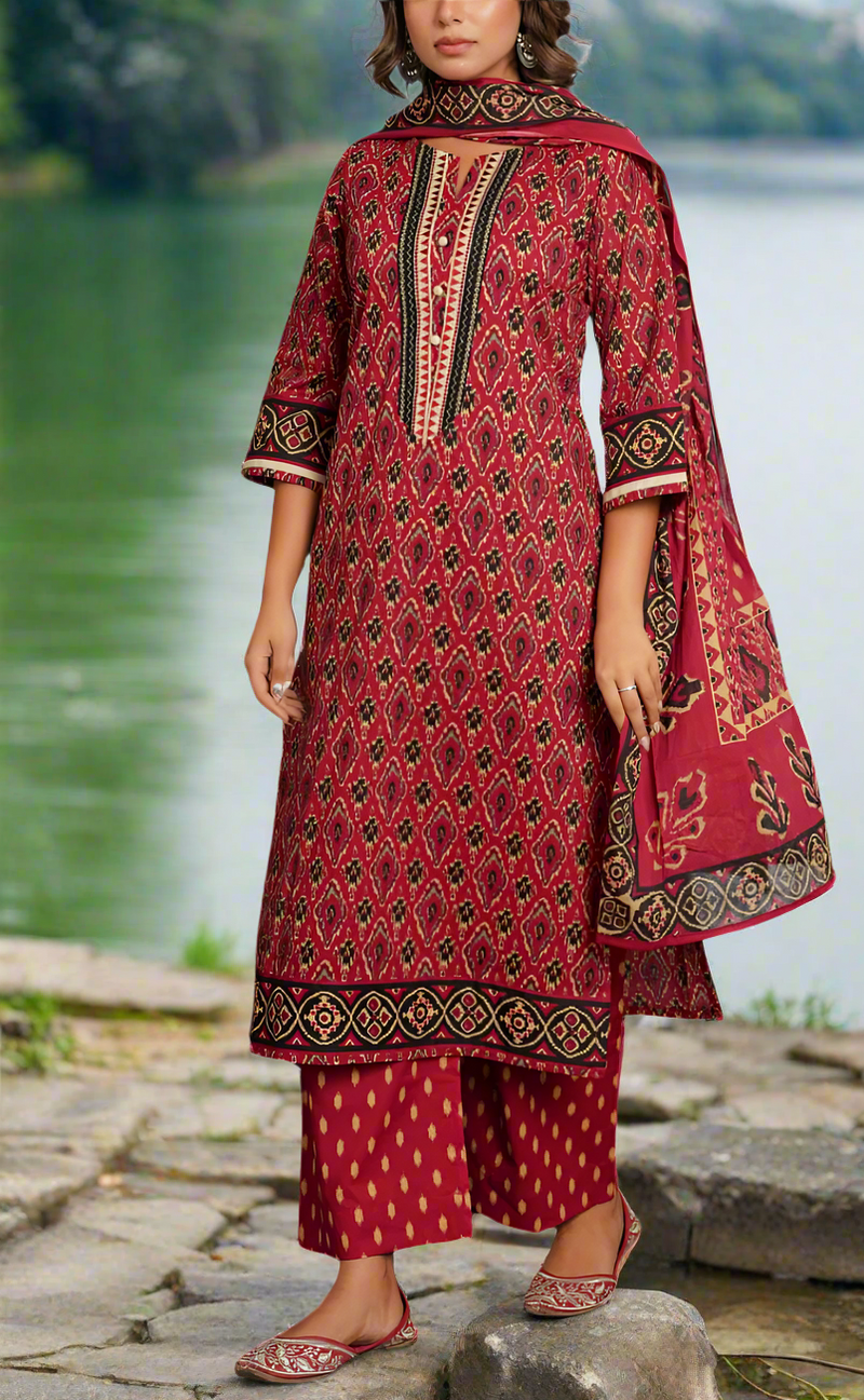 Maroon Ikkat Jaipur Cotton Kurti With Pant And Dupatta Set. Pure Versatile Cotton. | Laces and Frills