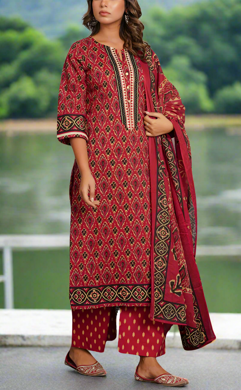 Maroon Ikkat Jaipur Cotton Kurti With Pant And Dupatta Set. Pure Versatile Cotton. | Laces and Frills