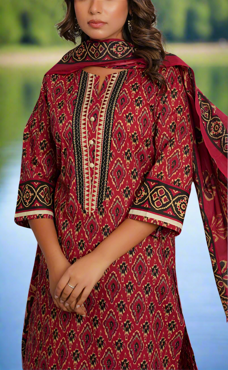 Maroon Ikkat Jaipur Cotton Kurti With Pant And Dupatta Set. Pure Versatile Cotton. | Laces and Frills