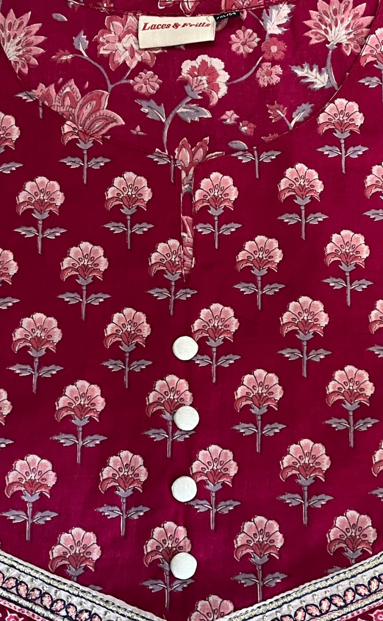 Magenta Pink Garden Jaipur Cotton Kurti With Pant And Dupatta Set. Pure Versatile Cotton. | Laces and Frills