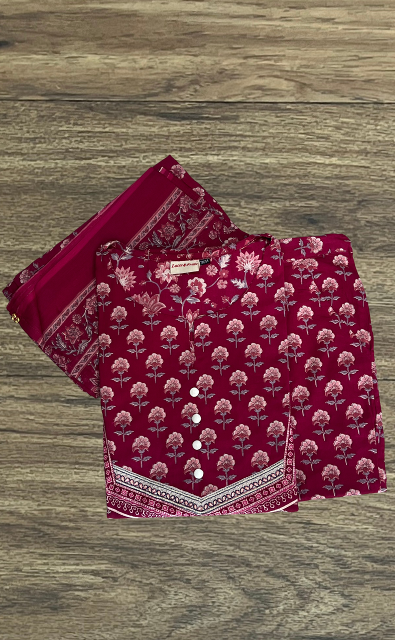 Magenta Pink Garden Jaipur Cotton Kurti With Pant And Dupatta Set. Pure Versatile Cotton. | Laces and Frills