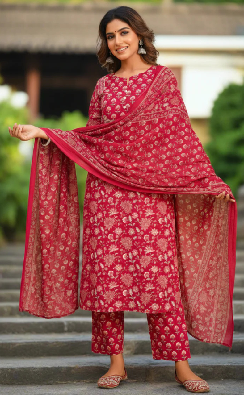 Magenta Pink Garden Jaipur Cotton Kurti With Pant And Dupatta Set. Pure Versatile Cotton. | Laces and Frills