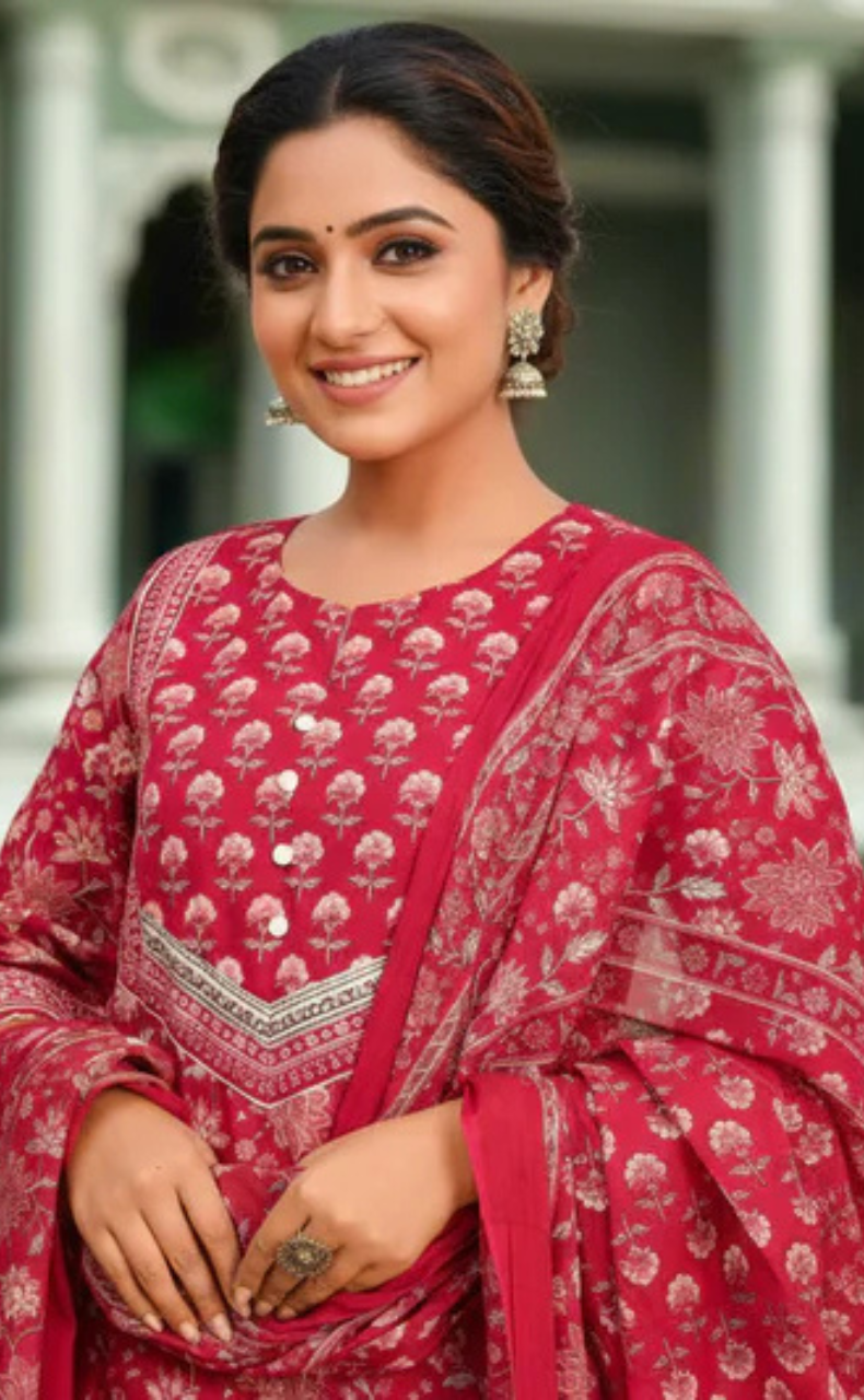 Magenta Pink Garden Jaipur Cotton Kurti With Pant And Dupatta Set. Pure Versatile Cotton. | Laces and Frills