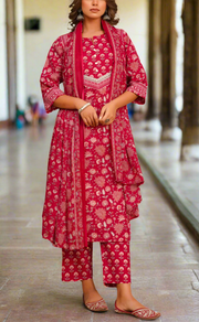 Magenta Pink Garden Jaipur Cotton Kurti With Pant And Dupatta Set. Pure Versatile Cotton. | Laces and Frills