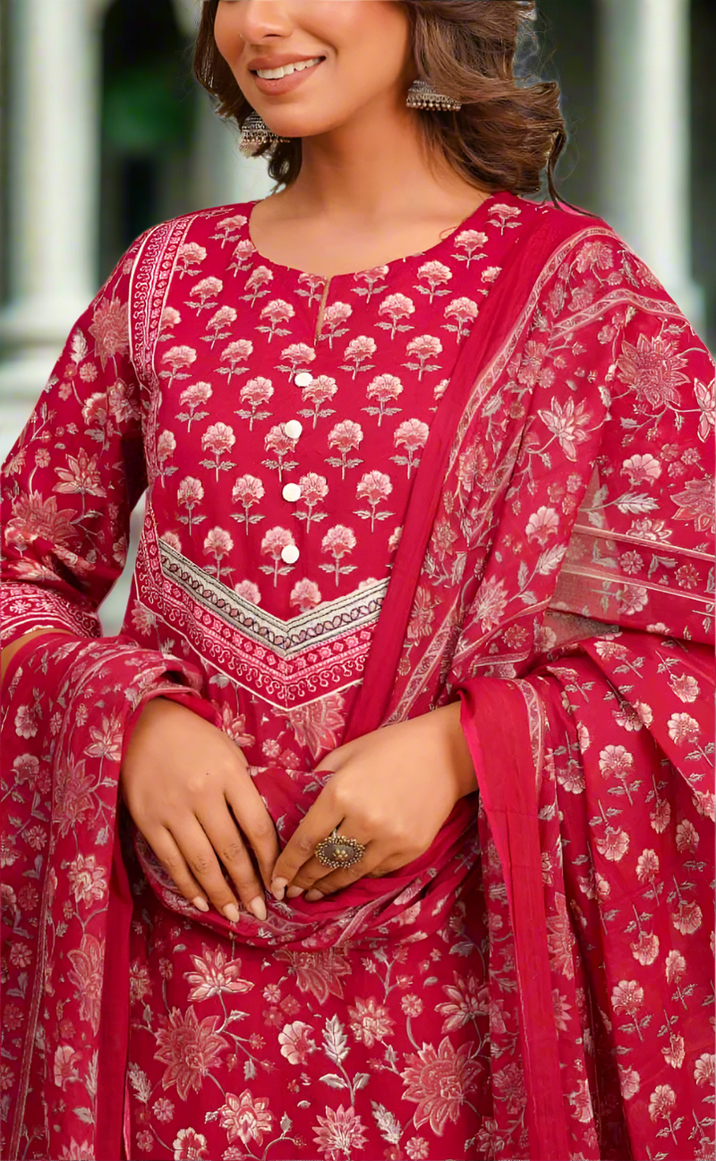 Magenta Pink Garden Jaipur Cotton Kurti With Pant And Dupatta Set. Pure Versatile Cotton. | Laces and Frills