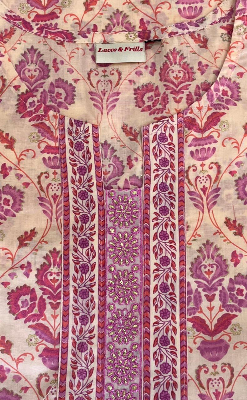 Pink Garden Jaipur Cotton Kurti With Pant And Dupatta Set. Pure Versatile Cotton. | Laces and Frills