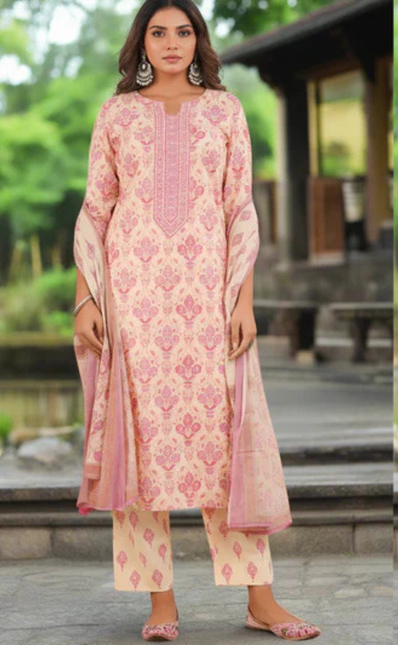 Pink Garden Jaipur Cotton Kurti With Pant And Dupatta Set. Pure Versatile Cotton. | Laces and Frills