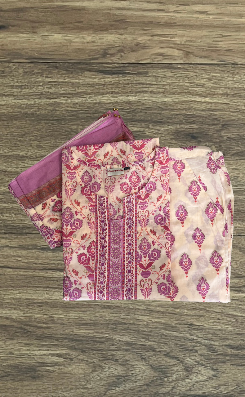 Pink Garden Jaipur Cotton Kurti With Pant And Dupatta Set. Pure Versatile Cotton. | Laces and Frills