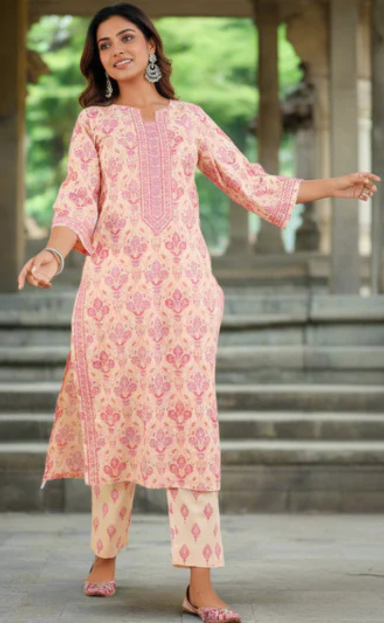 Pink Garden Jaipur Cotton Kurti With Pant And Dupatta Set. Pure Versatile Cotton. | Laces and Frills