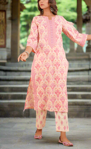Pink Garden Jaipur Cotton Kurti With Pant And Dupatta Set. Pure Versatile Cotton. | Laces and Frills