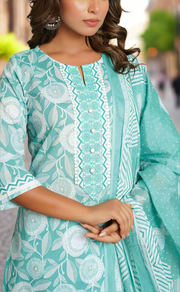 Pista Green Floral Jaipur Cotton Kurti With Pant And Dupatta Set. Pure Versatile Cotton. | Laces and Frills
