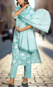 Pista Green Floral Jaipur Cotton Kurti With Pant And Dupatta Set. Pure Versatile Cotton. | Laces and Frills