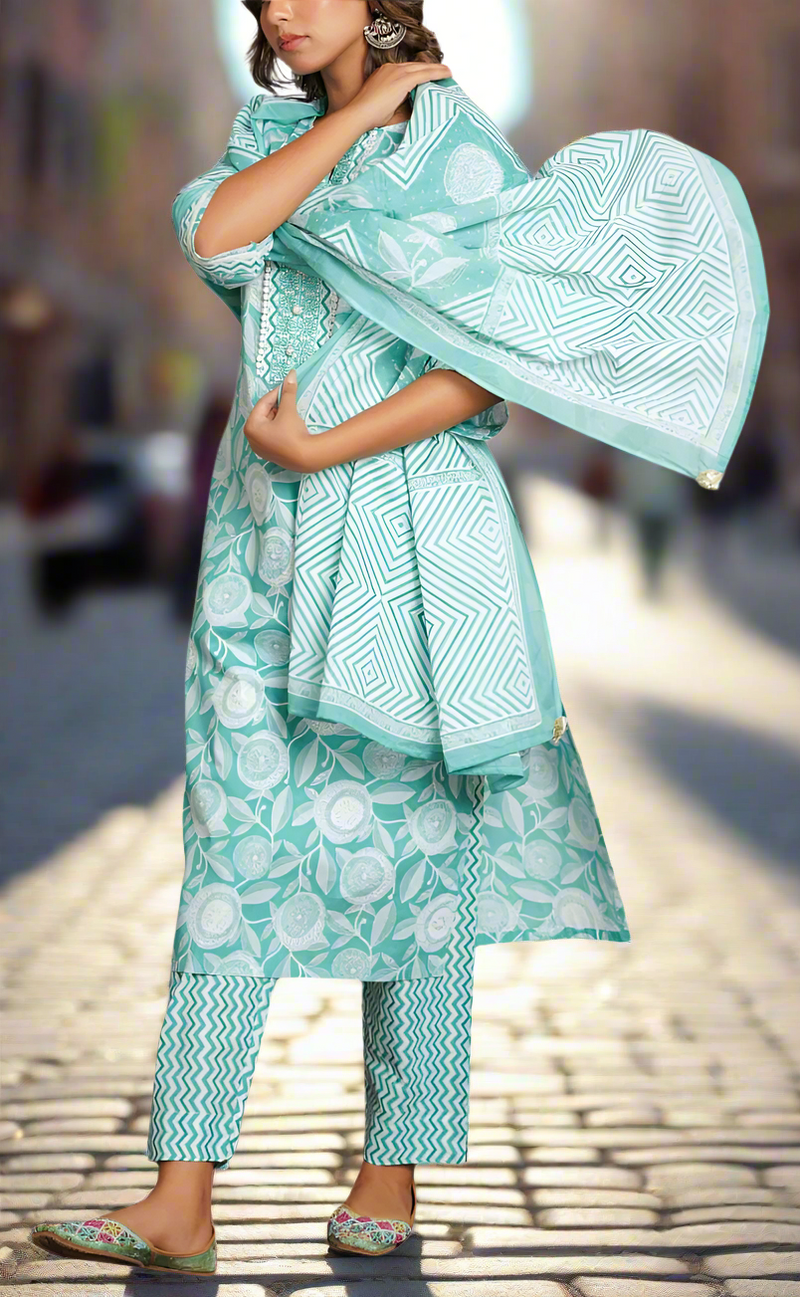 Pista Green Floral Jaipur Cotton Kurti With Pant And Dupatta Set. Pure Versatile Cotton. | Laces and Frills