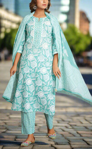 Pista Green Floral Jaipur Cotton Kurti With Pant And Dupatta Set. Pure Versatile Cotton. | Laces and Frills