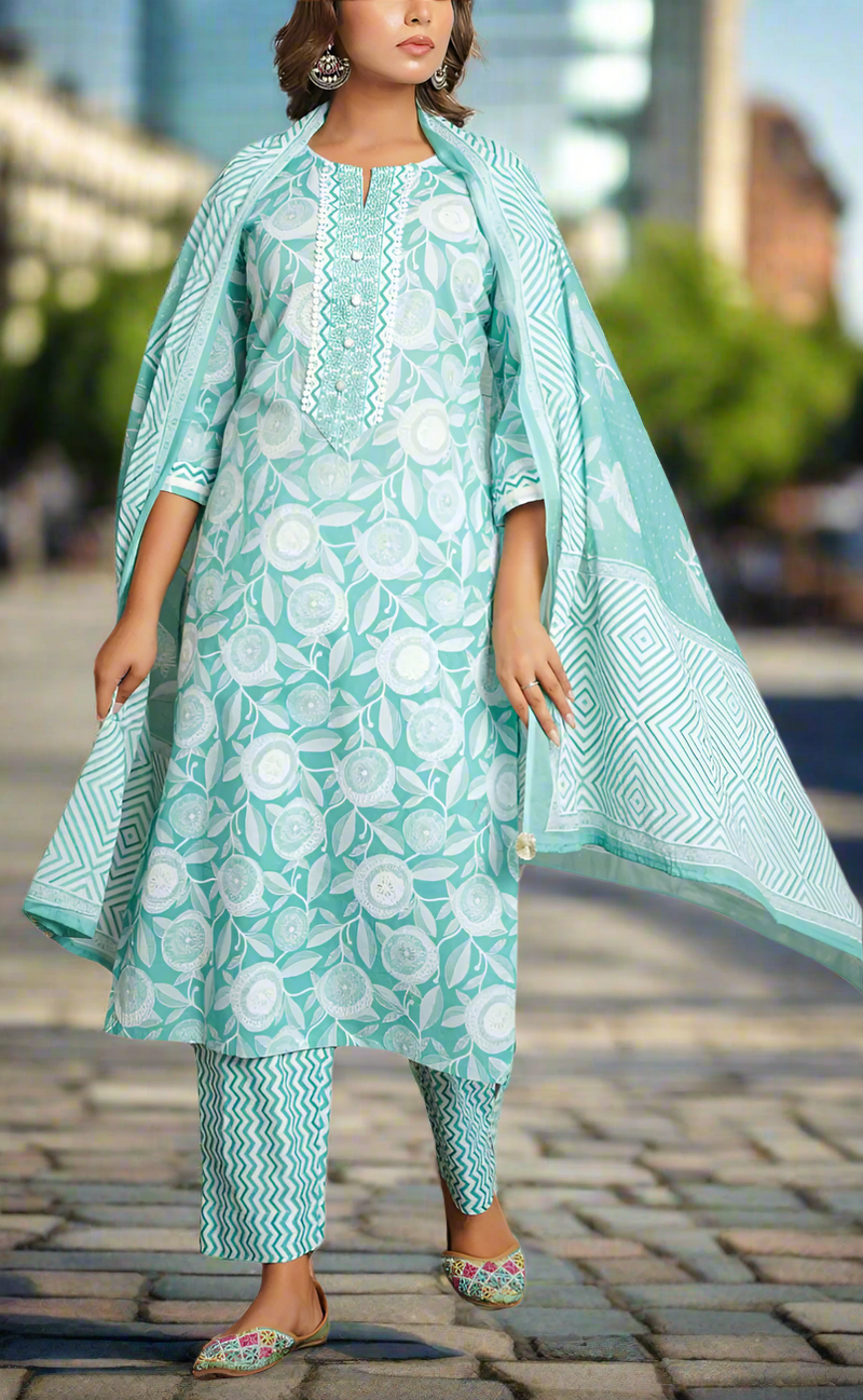 Pista Green Floral Jaipur Cotton Kurti With Pant And Dupatta Set. Pure Versatile Cotton. | Laces and Frills
