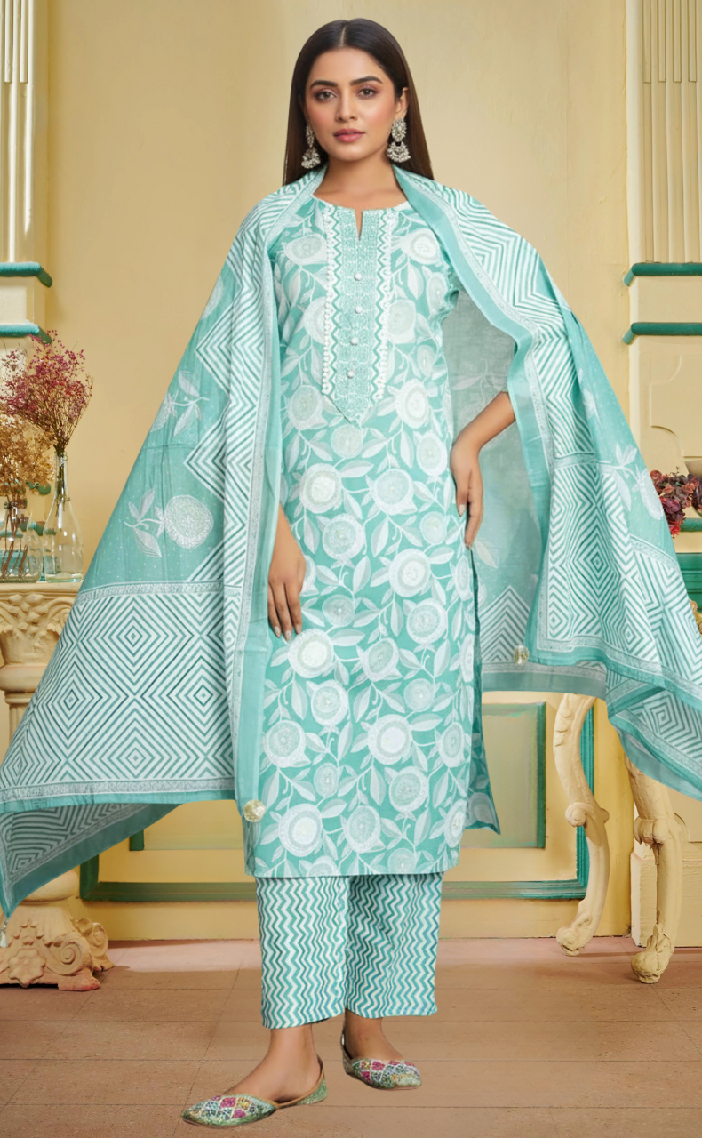 Pista Green Floral Jaipur Cotton Kurti With Pant And Dupatta Set. Pure Versatile Cotton. | Laces and Frills