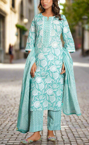 Pista Green Floral Jaipur Cotton Kurti With Pant And Dupatta Set. Pure Versatile Cotton. | Laces and Frills