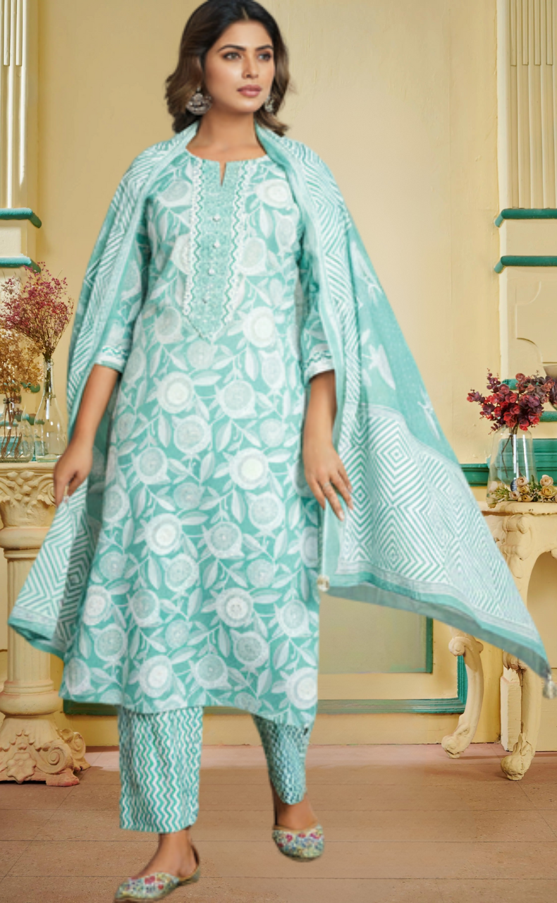 Pista Green Floral Jaipur Cotton Kurti With Pant And Dupatta Set. Pure Versatile Cotton. | Laces and Frills