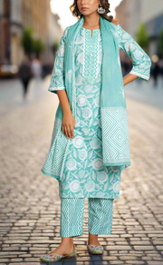 Pista Green Floral Jaipur Cotton Kurti With Pant And Dupatta Set. Pure Versatile Cotton. | Laces and Frills