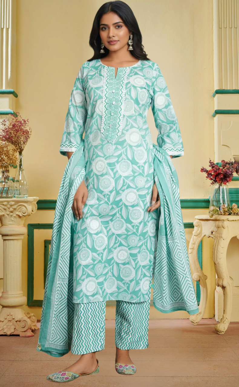 Pista Green Floral Jaipur Cotton Kurti With Pant And Dupatta Set. Pure Versatile Cotton. | Laces and Frills