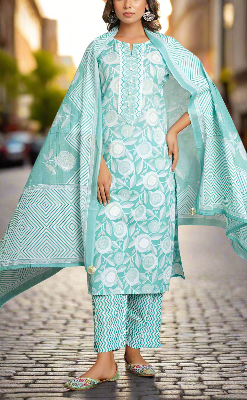 Pista Green Floral Jaipur Cotton Kurti With Pant And Dupatta Set. Pure Versatile Cotton. | Laces and Frills