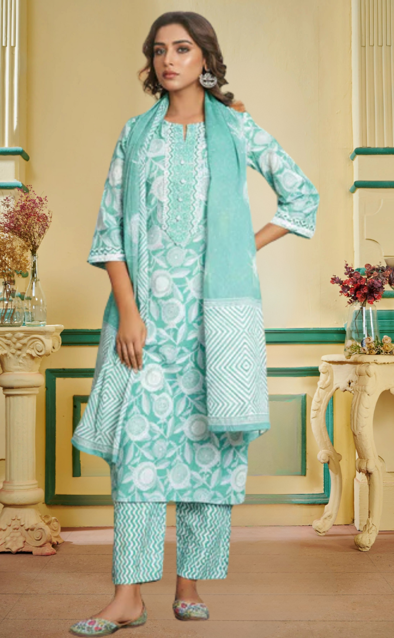 Pista Green Floral Jaipur Cotton Kurti With Pant And Dupatta Set. Pure Versatile Cotton. | Laces and Frills