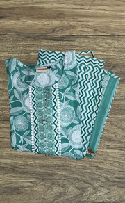 Pista Green Floral Jaipur Cotton Kurti With Pant And Dupatta Set. Pure Versatile Cotton. | Laces and Frills