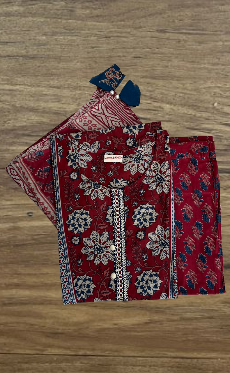 Dark Maroon Garden Jaipur Cotton Kurti With Pant And Dupatta Set. Pure Versatile Cotton. | Laces and Frills