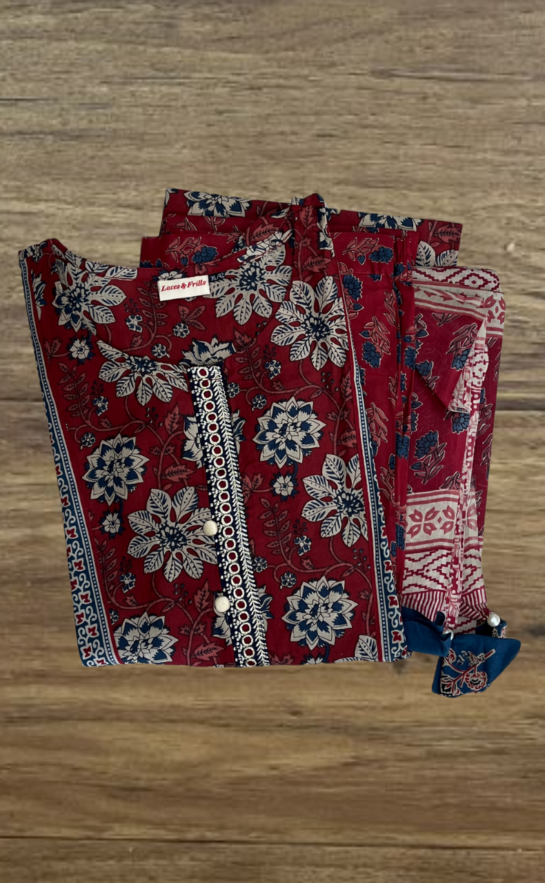 Dark Maroon Garden Jaipur Cotton Kurti With Pant And Dupatta Set. Pure Versatile Cotton. | Laces and Frills