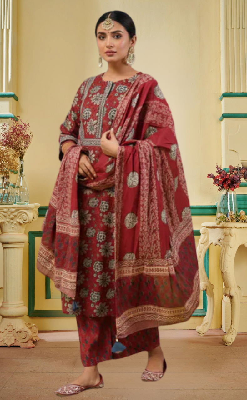 Dark Maroon Garden Jaipur Cotton Kurti With Pant And Dupatta Set. Pure Versatile Cotton. | Laces and Frills