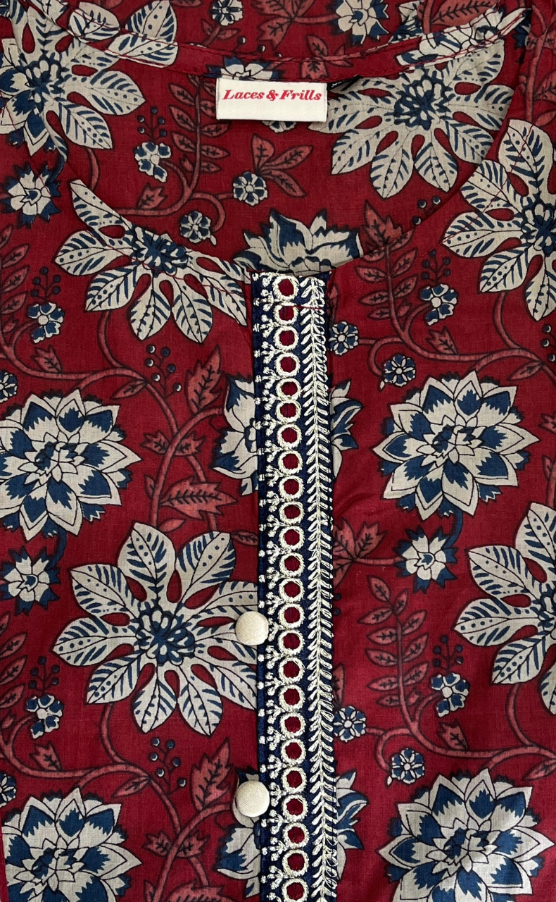 Dark Maroon Garden Jaipur Cotton Kurti With Pant And Dupatta Set. Pure Versatile Cotton. | Laces and Frills