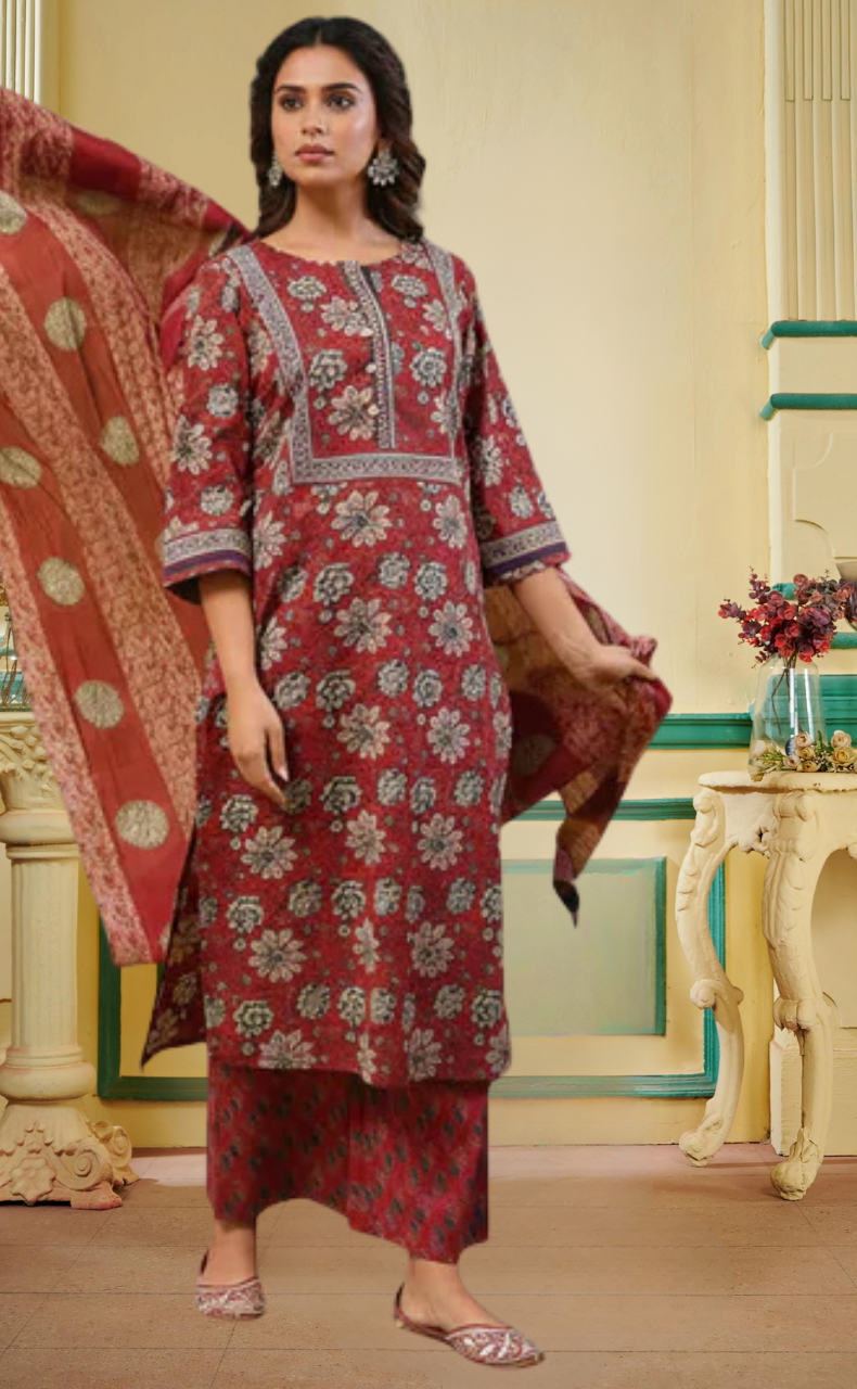 Dark Maroon Garden Jaipur Cotton Kurti With Pant And Dupatta Set. Pure Versatile Cotton. | Laces and Frills